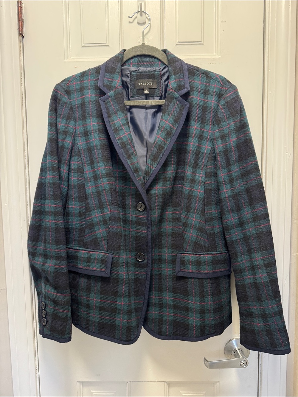 Talbots Navy and Green Plaid Wool-Blend Blazer